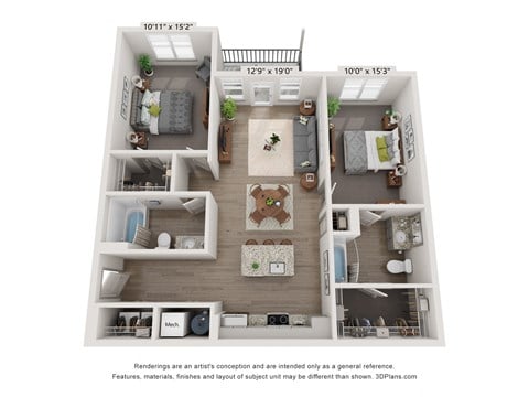 Floor plan for 2 beds, 2 baths, 1124 sqft